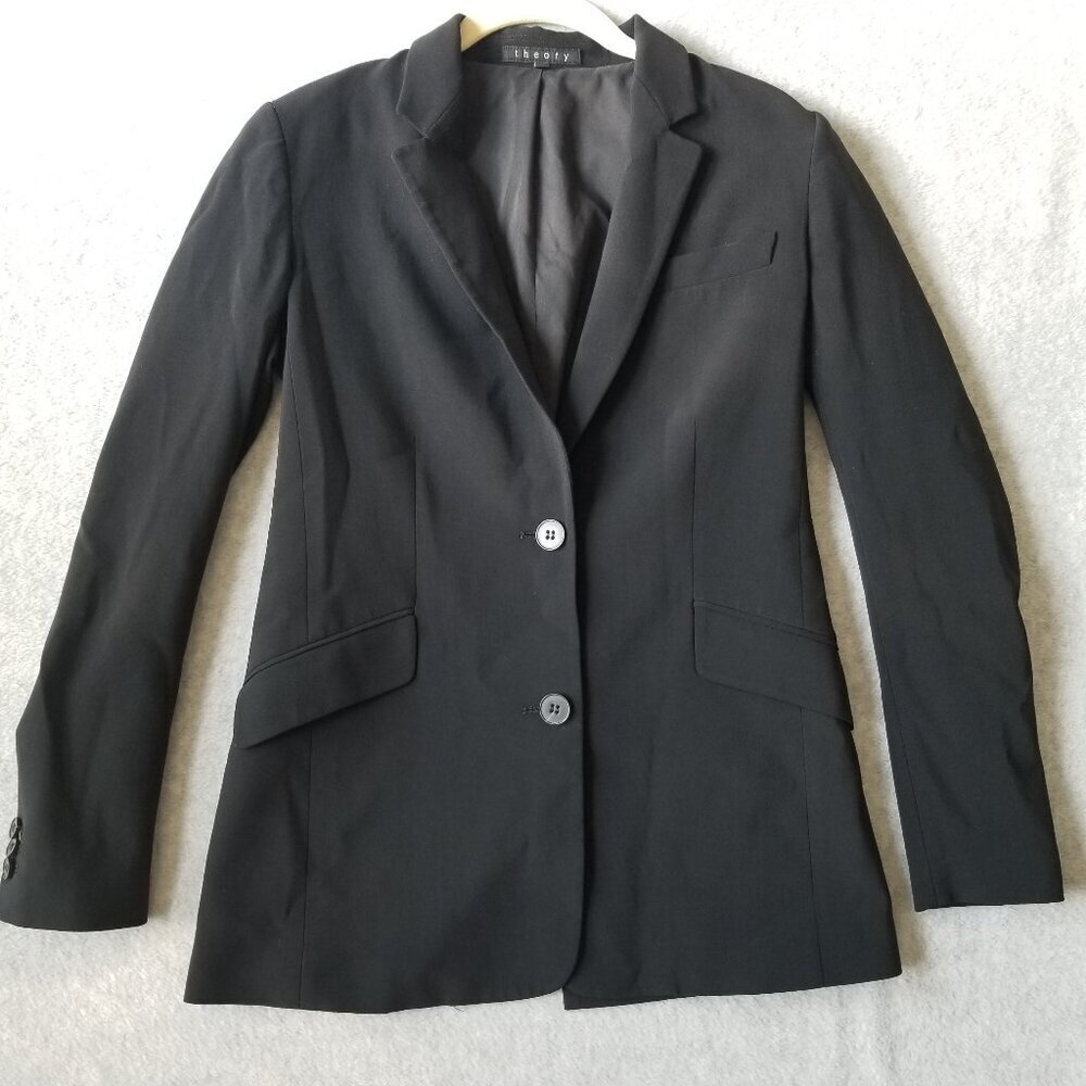 Theory Women's Sz 00 Wool Blend Two Buttons Black Blazer Jacket Career Interview